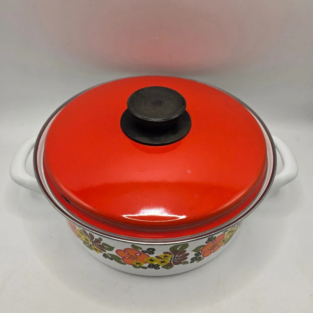 Austria Email Casserole Pot Vintage White Orange Floral Enamelware MCM Cookware